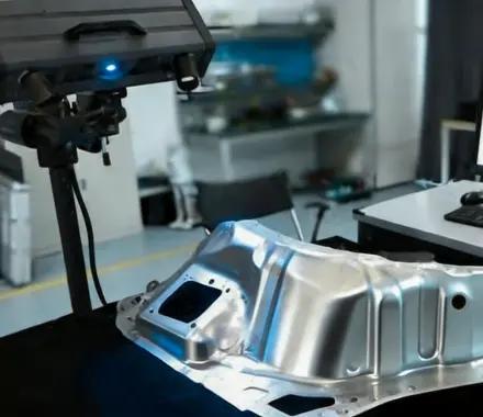 Large stamped metal part inspected on a production floor